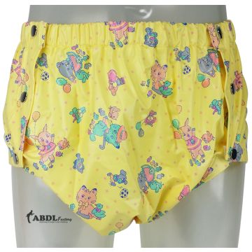 Shapely Plastic Pants with Snaps, Yellow Print
